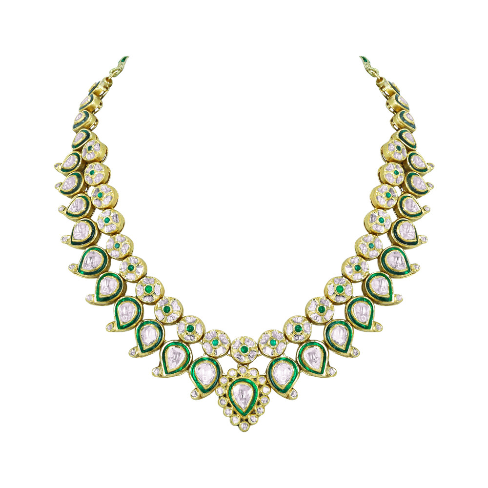 Green Enamel Polki Necklace with Bud Design